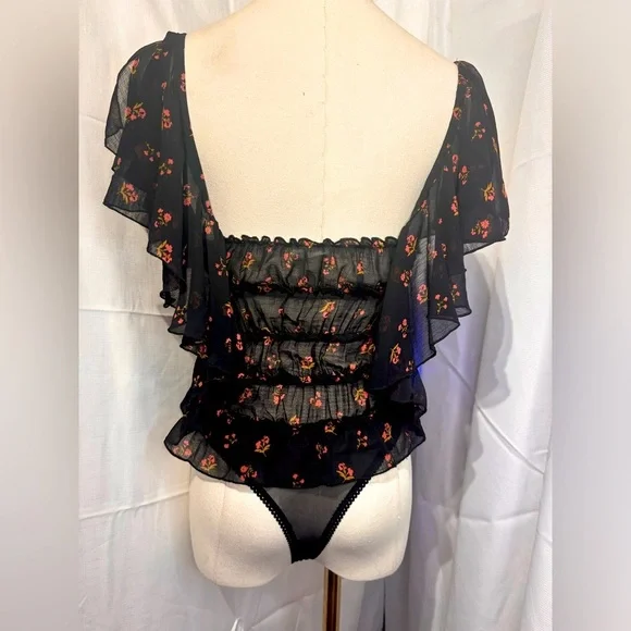 (NWT) Intimately Free People - Black Sheer Floral Ruffle Bodysuit - Picture 3 of 9